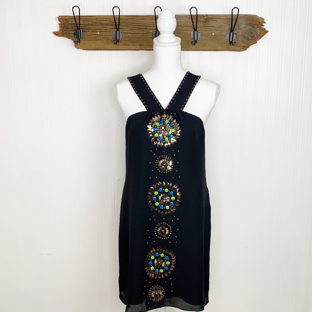 Tibi Silk Dress Beaded Front with Studded Straps
